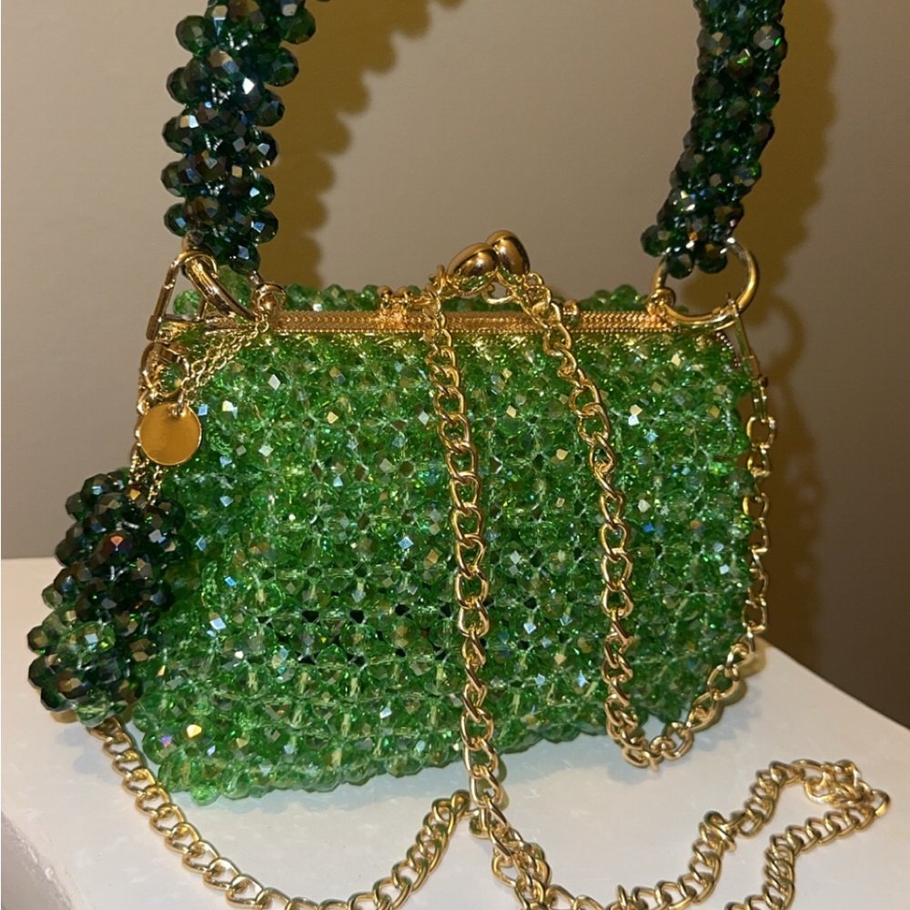 Green Beaded Handbag with Gold Chain